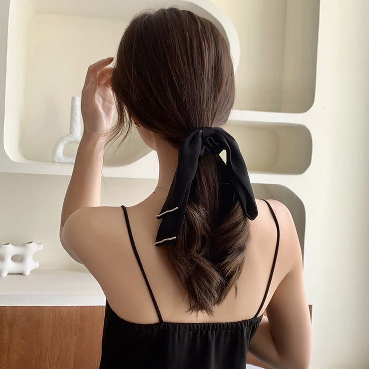 ブラック | ヘアゴム リボンシュシュ パール高級感 | shoppinggo