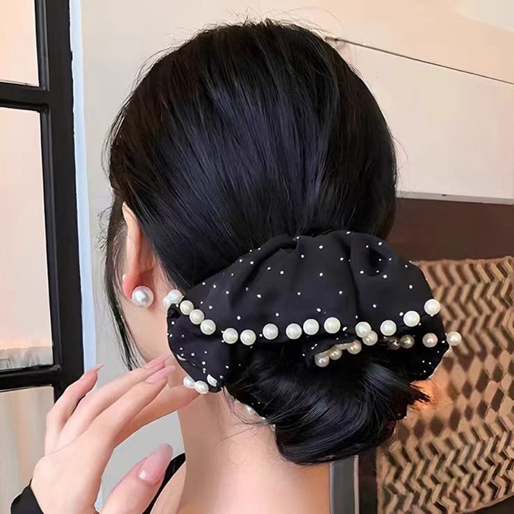 ブラック | シュシュ ヘアゴム パール付き | shoppinggo
