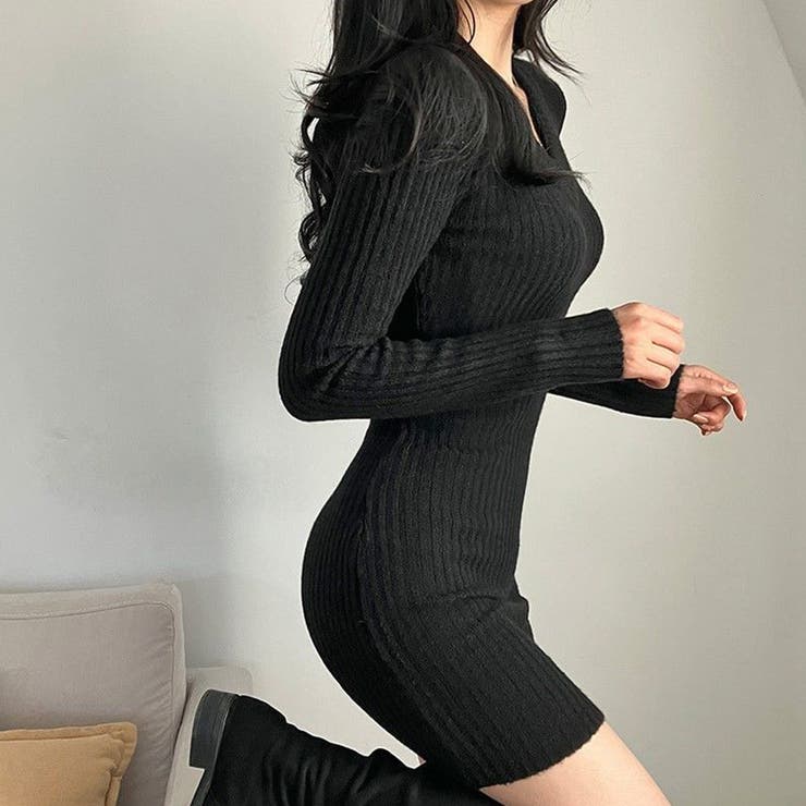 タイトワンピース ニットワンピース Vネック | shoppinggo | 詳細画像4 