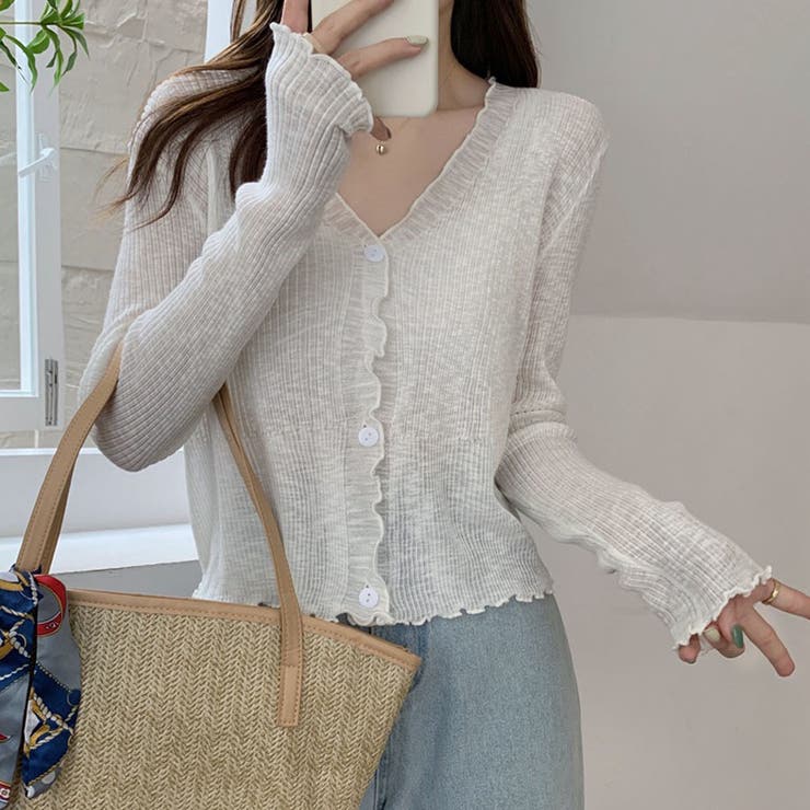 ホワイト | サマーカーディガン 透かし編み Vネックカーディガン | shoppinggo