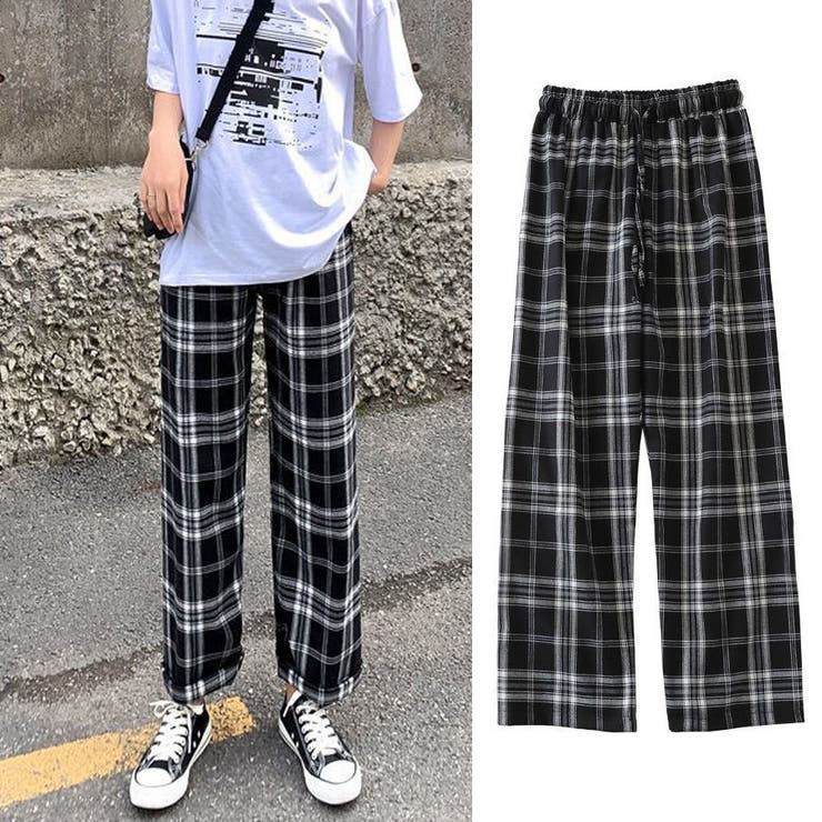 ブラック | チェック柄パンツ ワイドパンツ レディース | shoppinggo