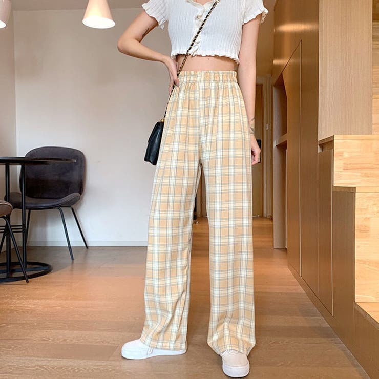 キャメル | チェック柄パンツ ワイドパンツ レディース | shoppinggo