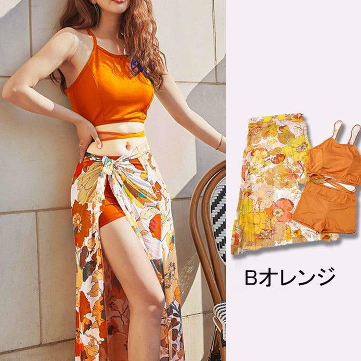 Bオレンジ | 水着3点セット パレオ 大判 | shoppinggo