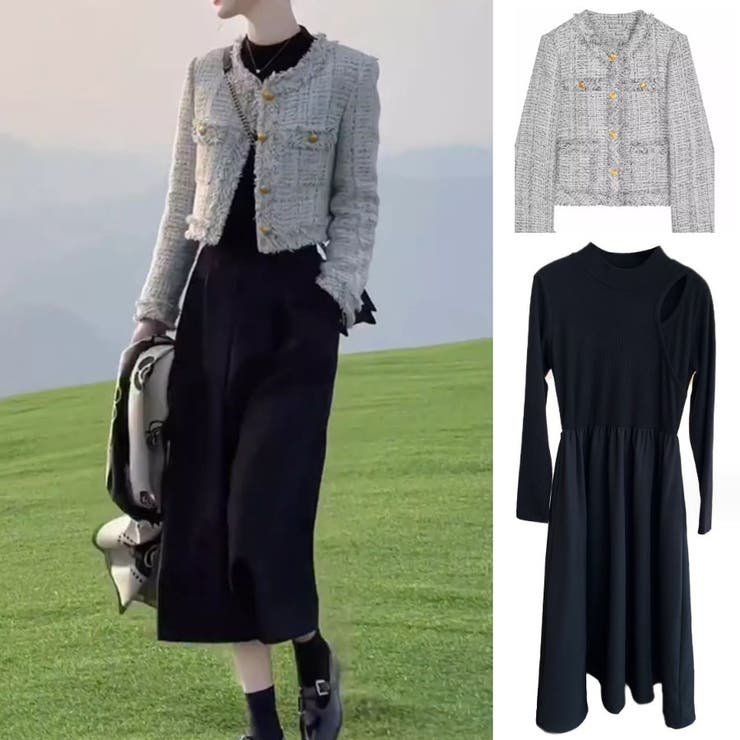 21ABR新品タグ付き3点セット（ジャケット・ワンピース・スカート） 中綿ツイードジャケット ワンピース セットアップ[品番：JRKW0004537
