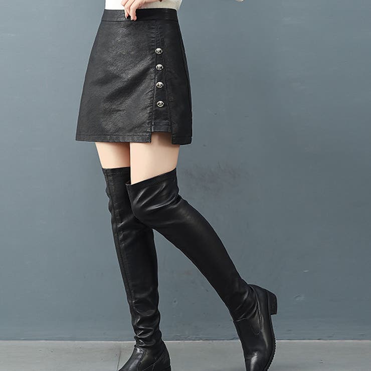 ミニスカート フェイクレザーインナーパンツ付 台形 スカート黒 韓国 | shoppinggo | 詳細画像18 