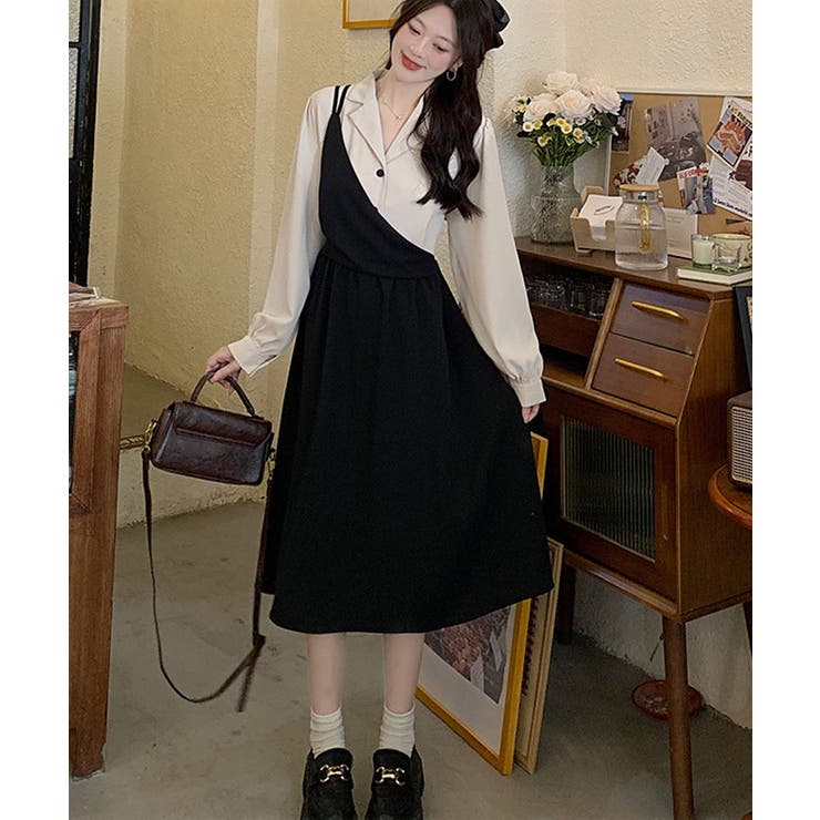 ワンピース Vネック ロングフレアワンピース[品番：JRKW0004163