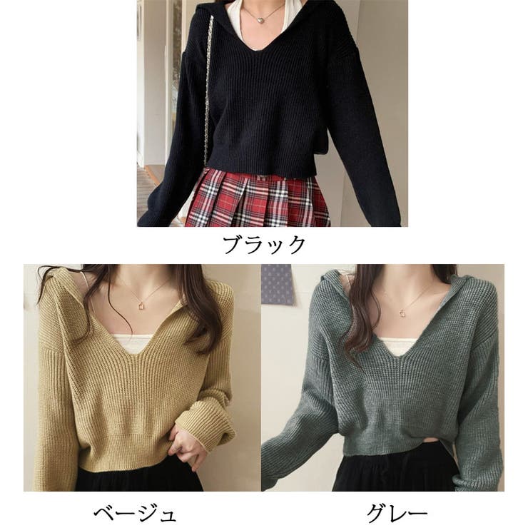 ニットトップス Vネック スキッパー | shoppinggo | 詳細画像2 