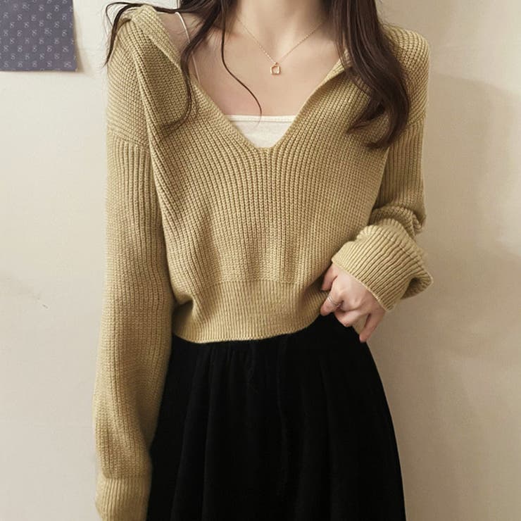 ベージュ | ニットトップス Vネック スキッパー | shoppinggo