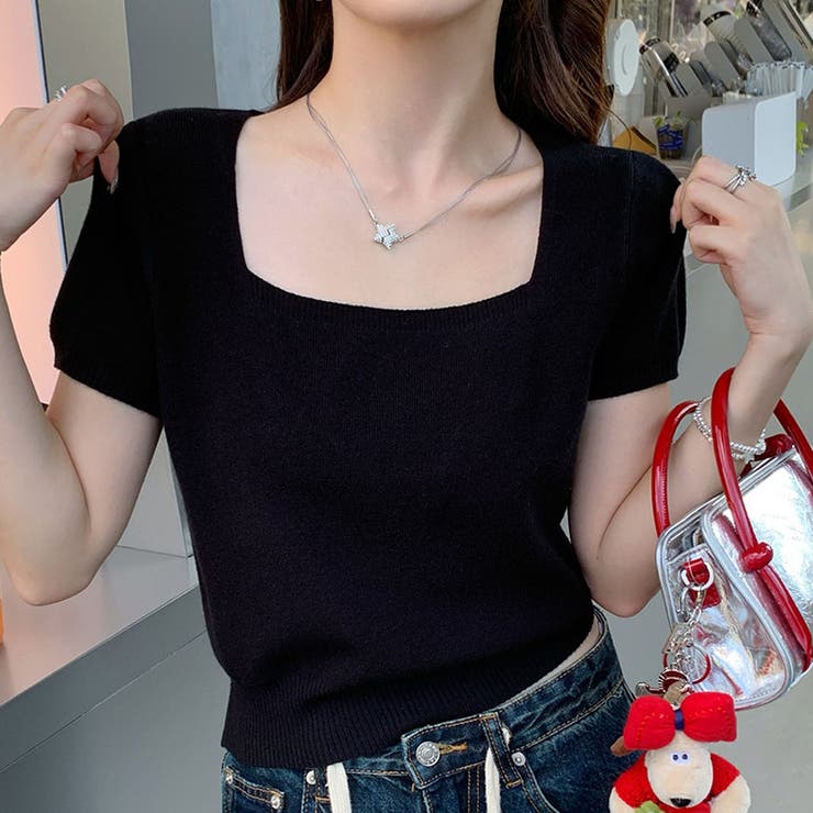 ブラック | サマーニットショート丈 トップス スクエアネック | shoppinggo