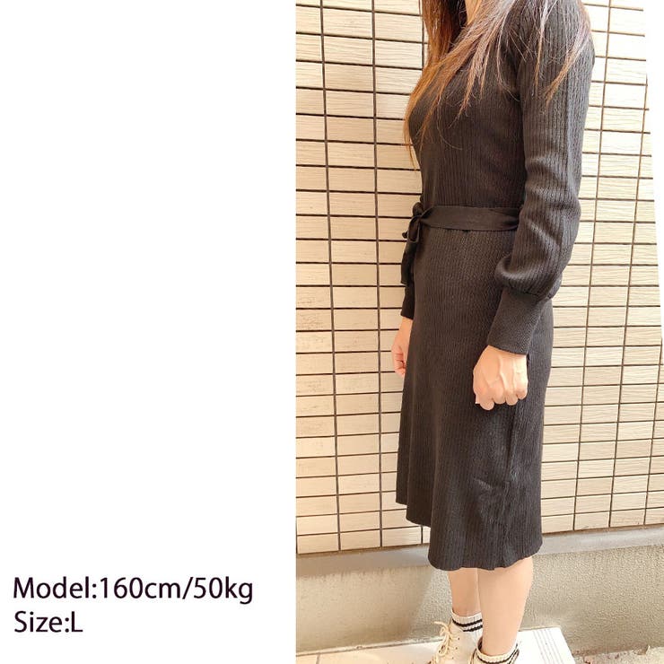 ニットロングワンピース 長袖 ウエストリボン | shoppinggo | 詳細画像4 