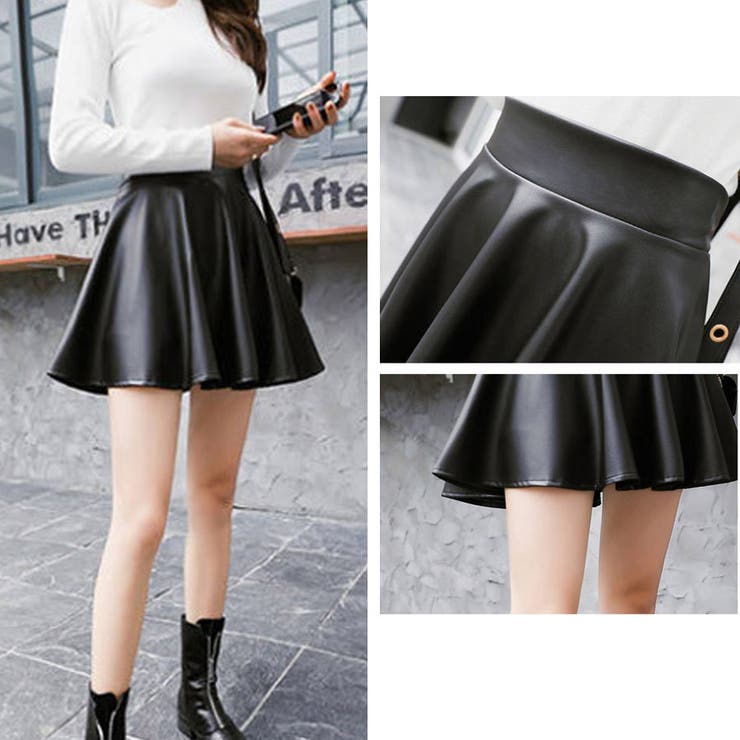 ミニレザーフレアスカート ハイウエスト[品番：JRKW0002534