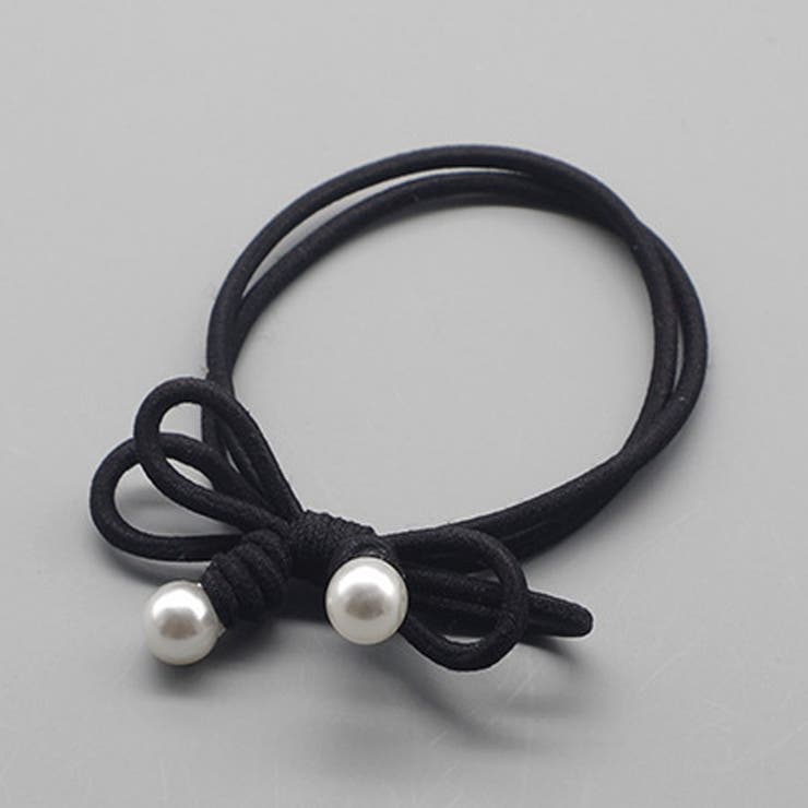 ブラック | ヘアゴム パール おしゃれ 2連髪留め ヘアアクセサリー リボン結び シンプル | shoppinggo