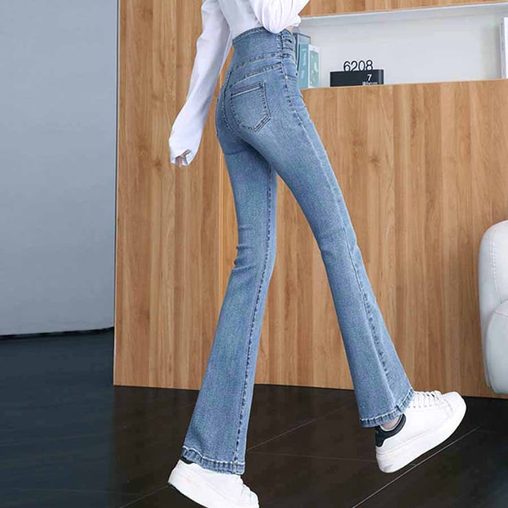 フレアデニムパンツ 3連ボタン ハイウエスト[品番：JRKW0002950