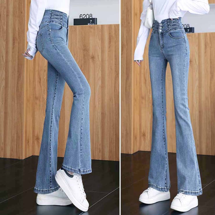 フレアデニムパンツ 3連ボタン ハイウエスト[品番：JRKW0002950