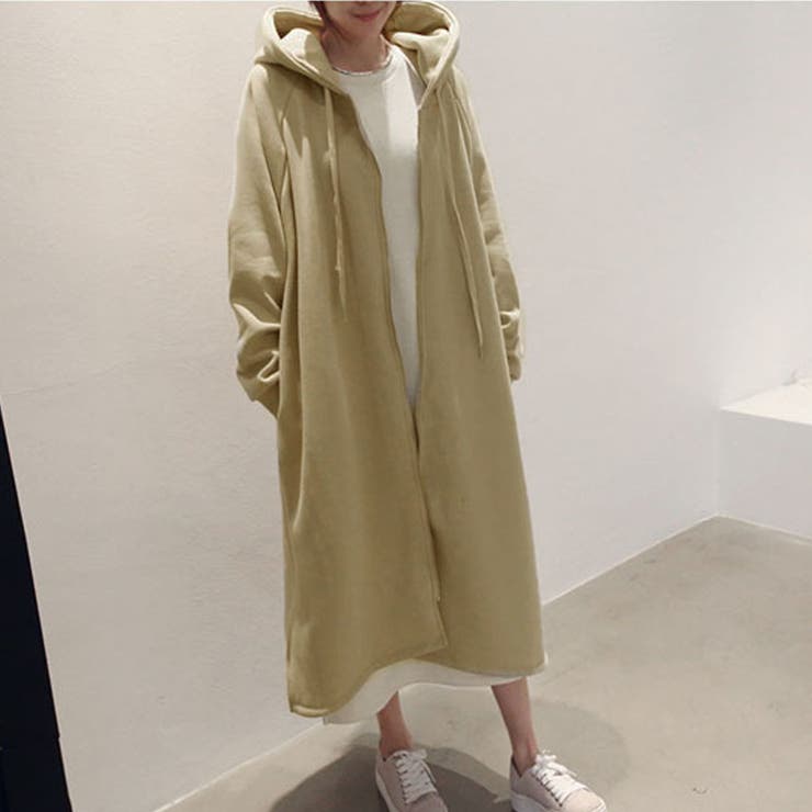 ベージュ | ロングパーカー 裏起毛 無地 | shoppinggo