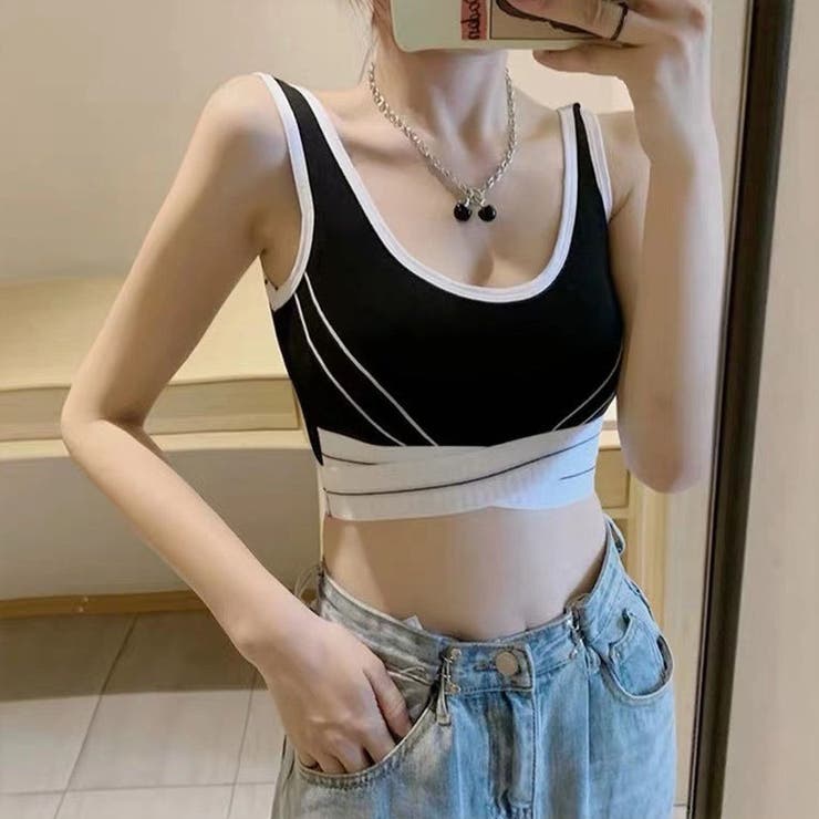 夏服タンクトップ ショート丈 胸パット付[品番：JRKW0002448