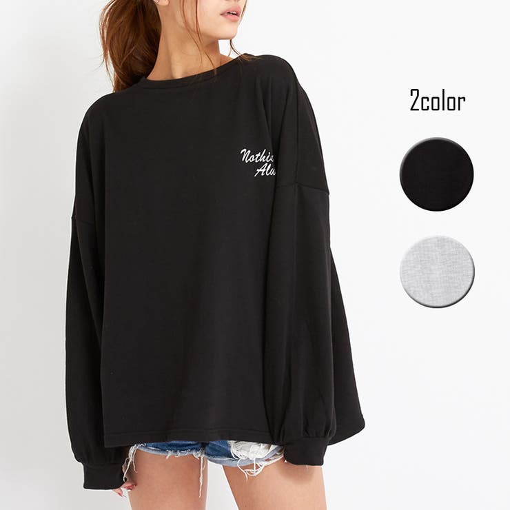 ブラック | ロゴスウェット 刺繍入り韓国ロングTシャツ | shoppinggo