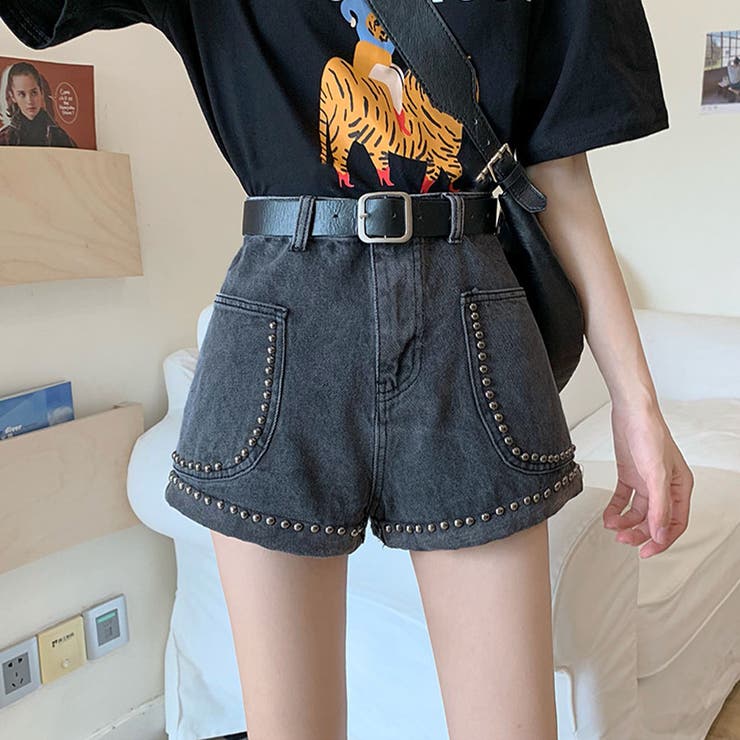 ショートパンツ ハイウエスト ゴールドボタン センタープレス