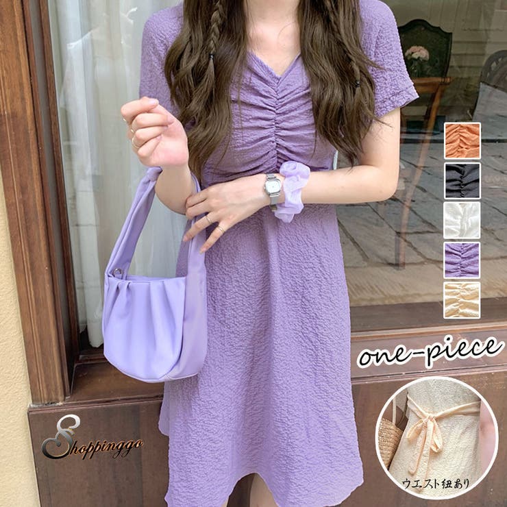 夏ワンピース夏服 Vネックワンピース 半袖[品番：JRKW0002811