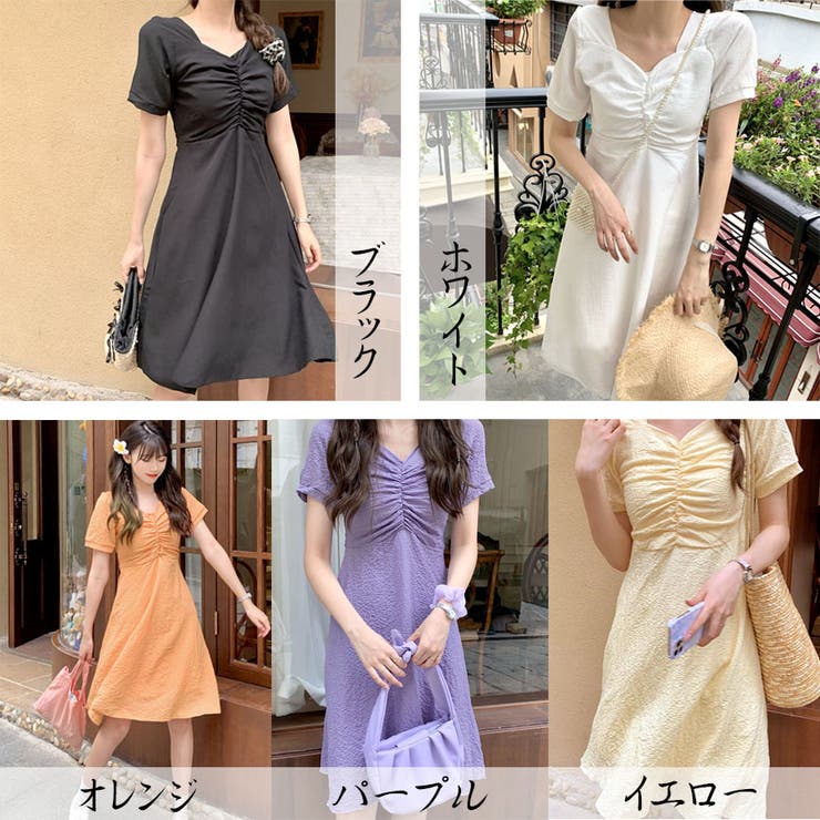夏ワンピース夏服 Vネックワンピース 半袖[品番：JRKW0002811