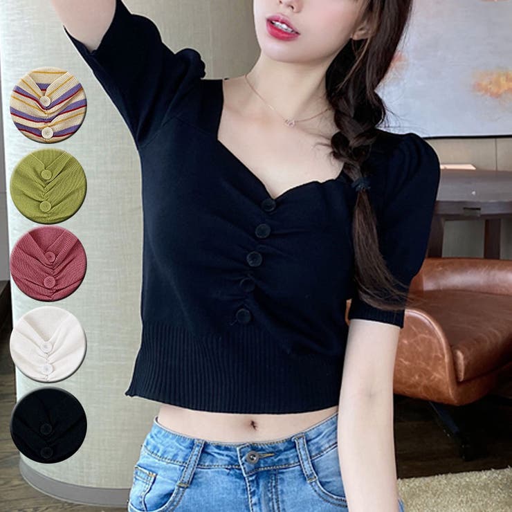 ブラック | サマーニットトップス VネックTシャツ レディース | shoppinggo