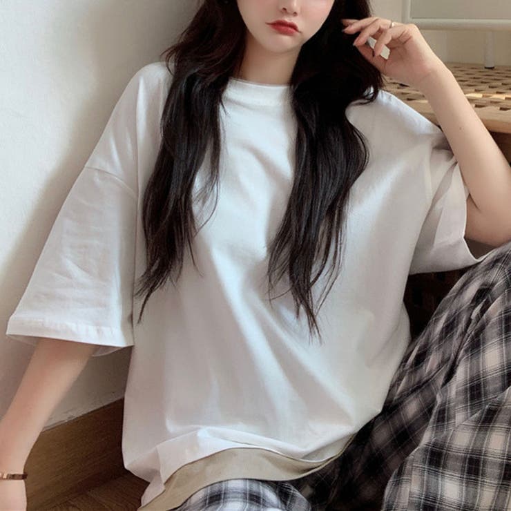 重ね着風Tシャツ レイヤード 重ね着風カットソー大きめ[品番