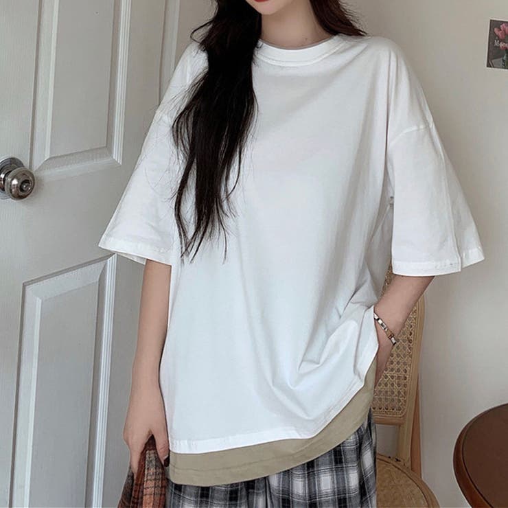 重ね着風Tシャツ レイヤード 重ね着風カットソー大きめ[品番