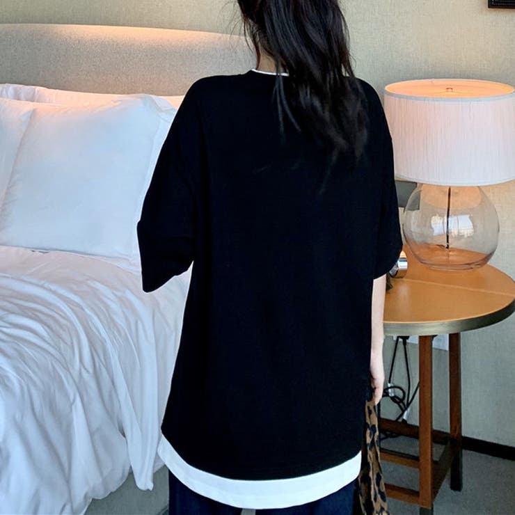 重ね着風Tシャツ レイヤード 重ね着風カットソー大きめ[品番