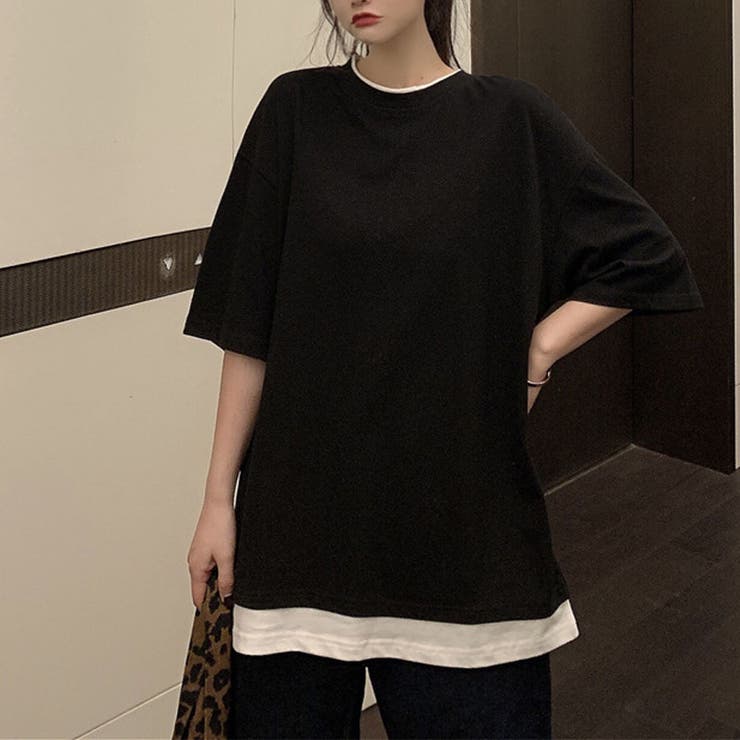 は自分にプチご褒美を 重ね着風Tシャツ レイヤード 重ね着風カットソー大きめ[品番 トップス