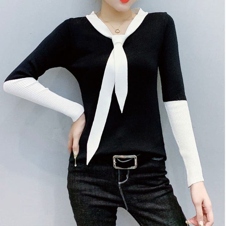 バイカラーニット ニットセーター 韓国ファッション