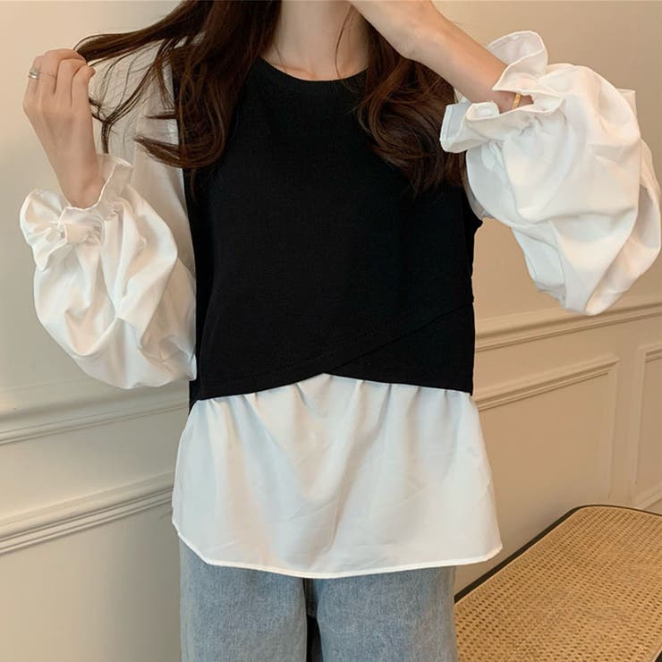 シャツ ブラウス ニット 異素材 切り替え ドッキング レイヤード 重ね