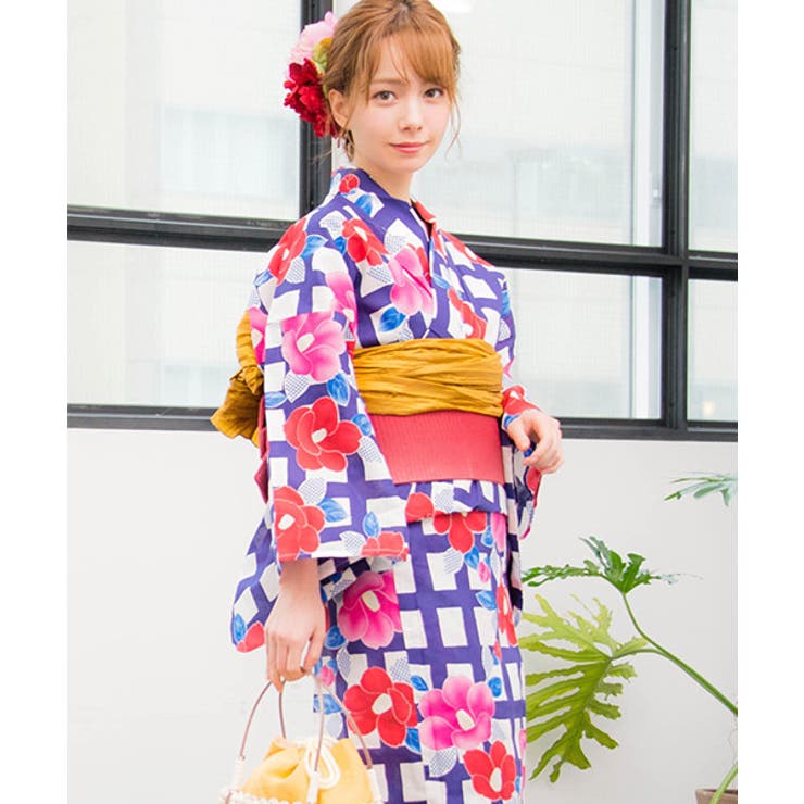 藍色格子とレトロ牡丹