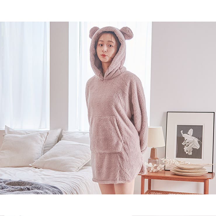ルームウェア レディース くま耳ファー起毛パーカーワンピース[品番