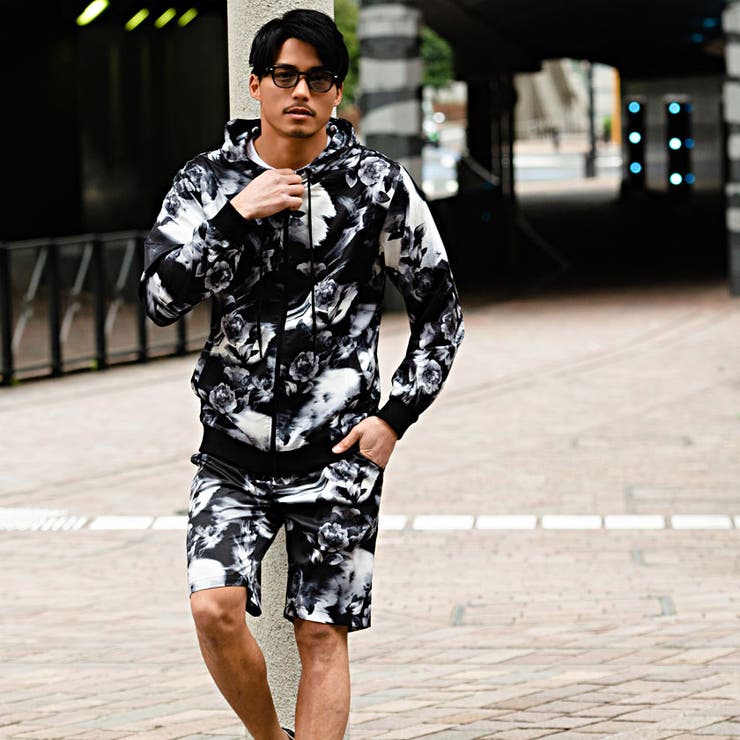 CavariA ダークフラワー総柄ジップアップ長袖パーカー セットアップ可