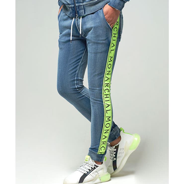 2(BLU×YEL/ブルー×イエロー) | CavariA ジャガードロゴテープ貼付けカットデニムパンツ スウェットパンツ | SILVER BULLET