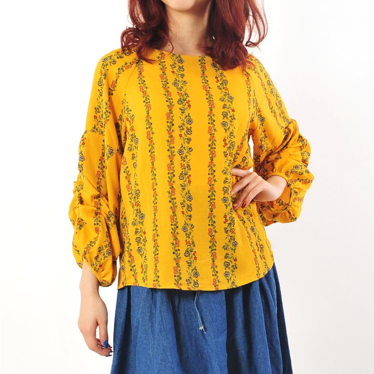 麻風ポリ花柄ストライプボリュームスリーブプルオーバー/ブラウス | s.i.p | 詳細画像1 