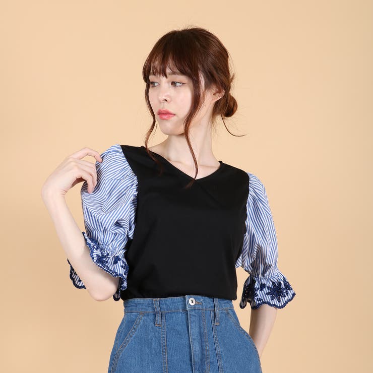 スカラップ刺繍キャンディースリーブ切り替えTシャツ/カットソー | s.i.p | 詳細画像1 