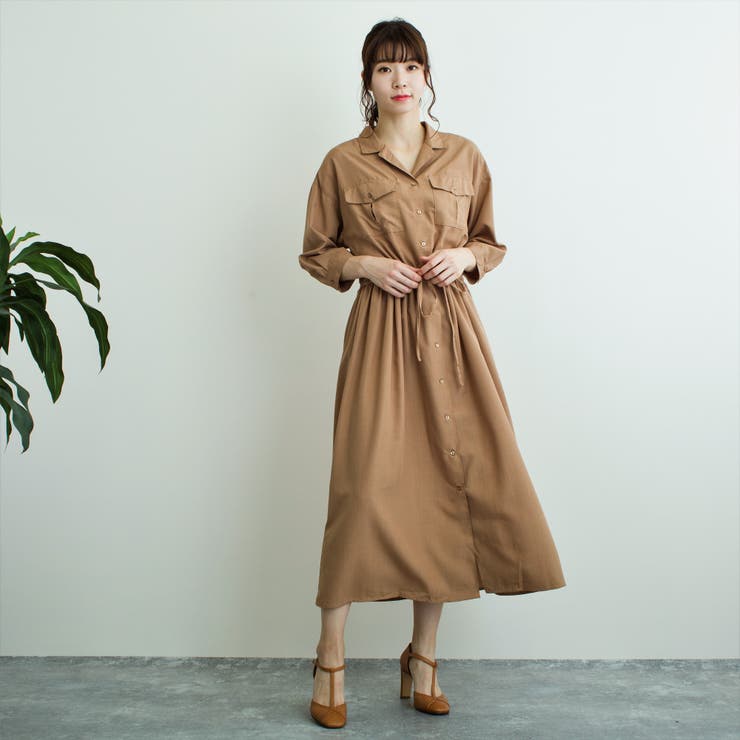 サファリ風前開きロングワンピース[品番：PB000001709]｜s.i.p