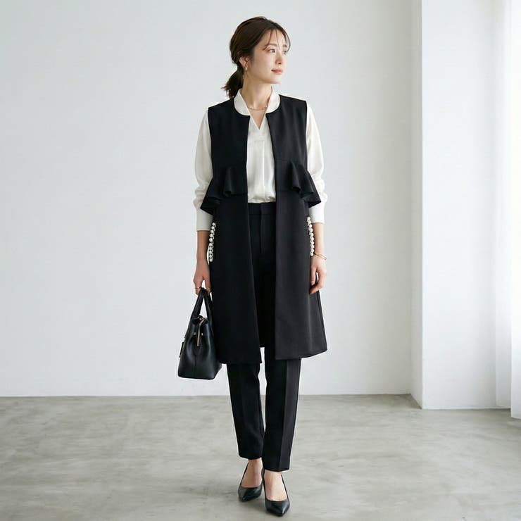 ブラック | ウエストフリル パールボタン ダンボールニット | SJ ONLINE STORE