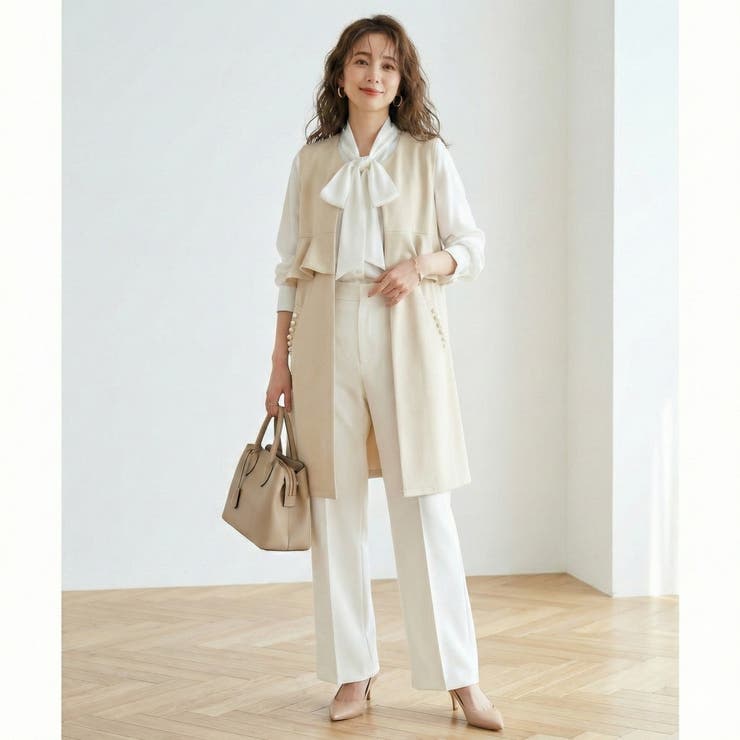 オフベージュ | ウエストフリル パールボタン ダンボールニット | SJ ONLINE STORE