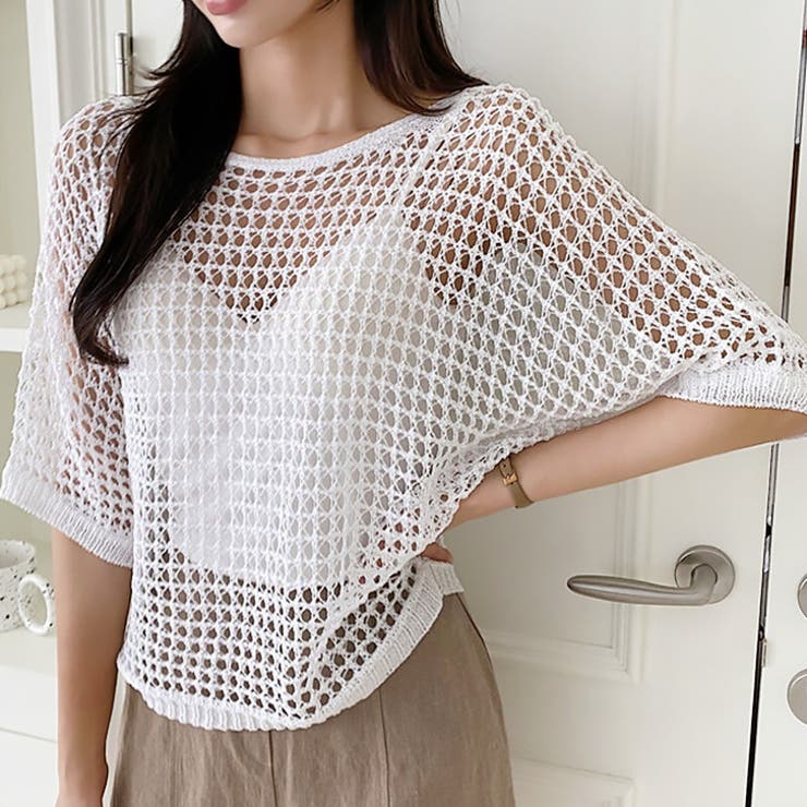 ホワイト | 【16944】透かし編みメッシュニット	 | SneepDip