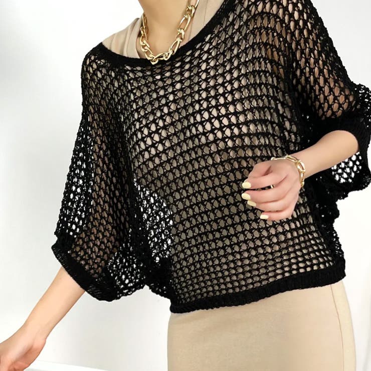 ブラック | 【16944】透かし編みメッシュニット	 | SneepDip