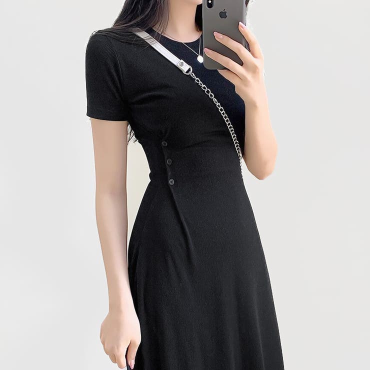 ブラック | 【16962】サイドボタンリブワンピース	 | SneepDip