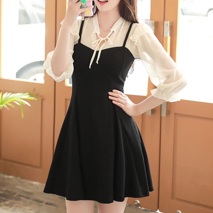 ブラック | 【17107】シフォンコンビワンピース	 | SneepDip