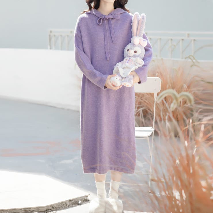 パープル | 【17221】ロングフーディーニットワンピース	 | SneepDip