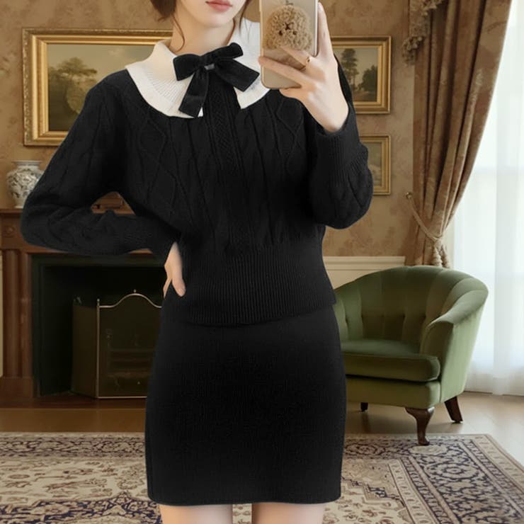 ブラック | 【17248】ケーブルニット＆スカートSET	 | SneepDip