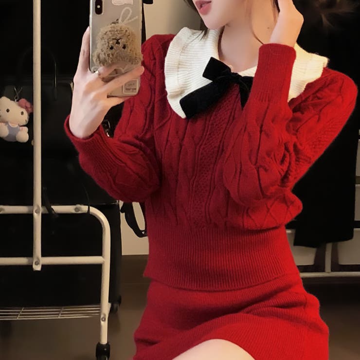 レッド | 【17248】ケーブルニット＆スカートSET	 | SneepDip
