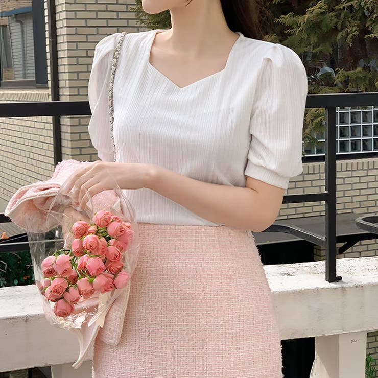 ホワイト | 【17321】ハートネックパフスリーブT	 | SneepDip