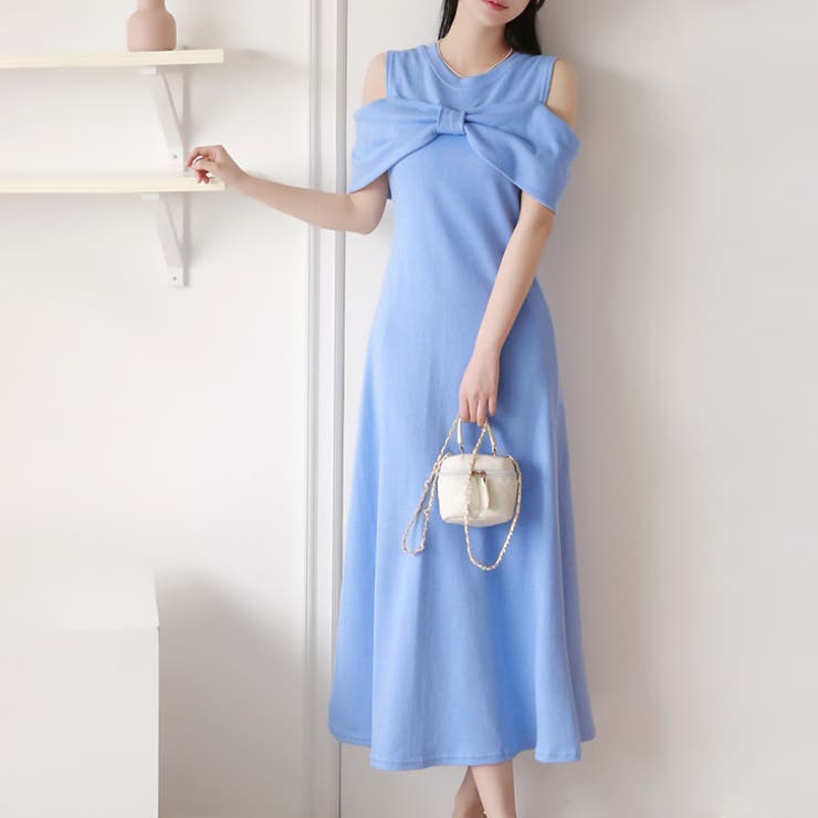 サックス | 【17361】リボンオフショルロングワンピース	 | SneepDip