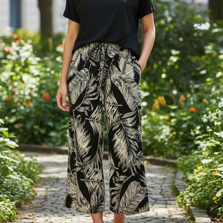 ブラック | 【17376】ボタニカルワイドパンツ	 | SneepDip